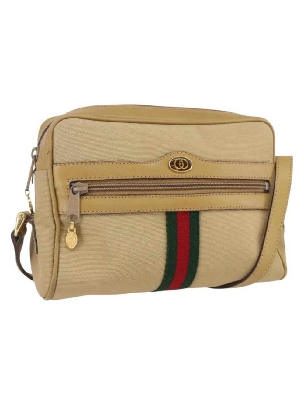 Authentic GUCCI Web Sherry Line Shoulder Bag Nylon Beige Gold Red 010 378